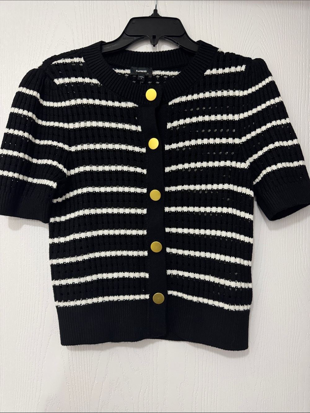 Express Black & White Striped Short-Sleeve Cardigan with Gold Buttons